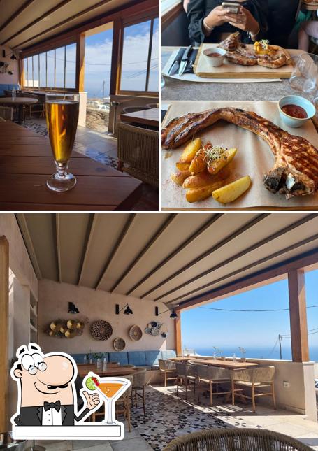 Collage showing a beer, a shared grilled dish and a bright Tholoto dining area with a Restaurant Guru illustration overlay