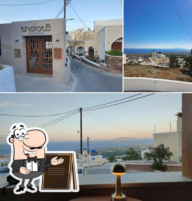 Collage of Tholoto's facade and sea-facing views in Fira with a Restaurant Guru illustration overlay