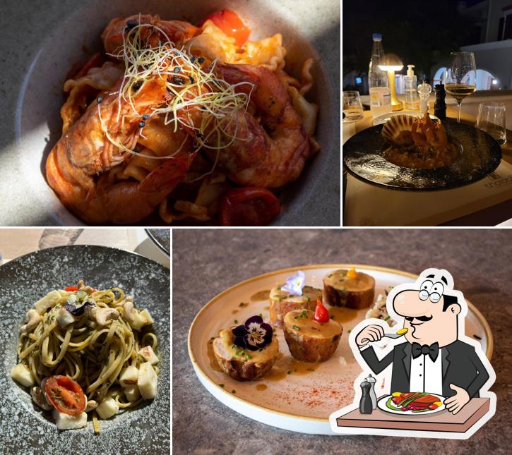 Collage of several plated dishes photographed at Tholoto with a Restaurant Guru illustration overlay
