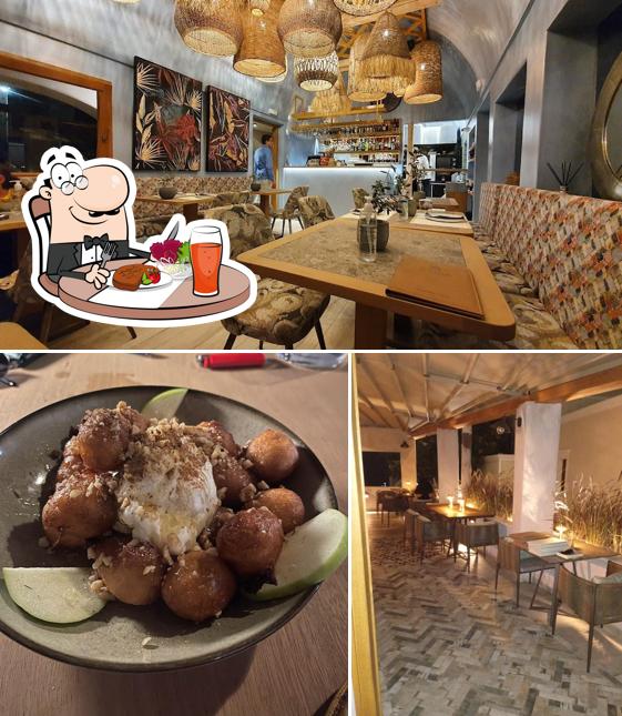 Collage of Tholoto dining spaces and a plated dessert with a Restaurant Guru illustration overlay